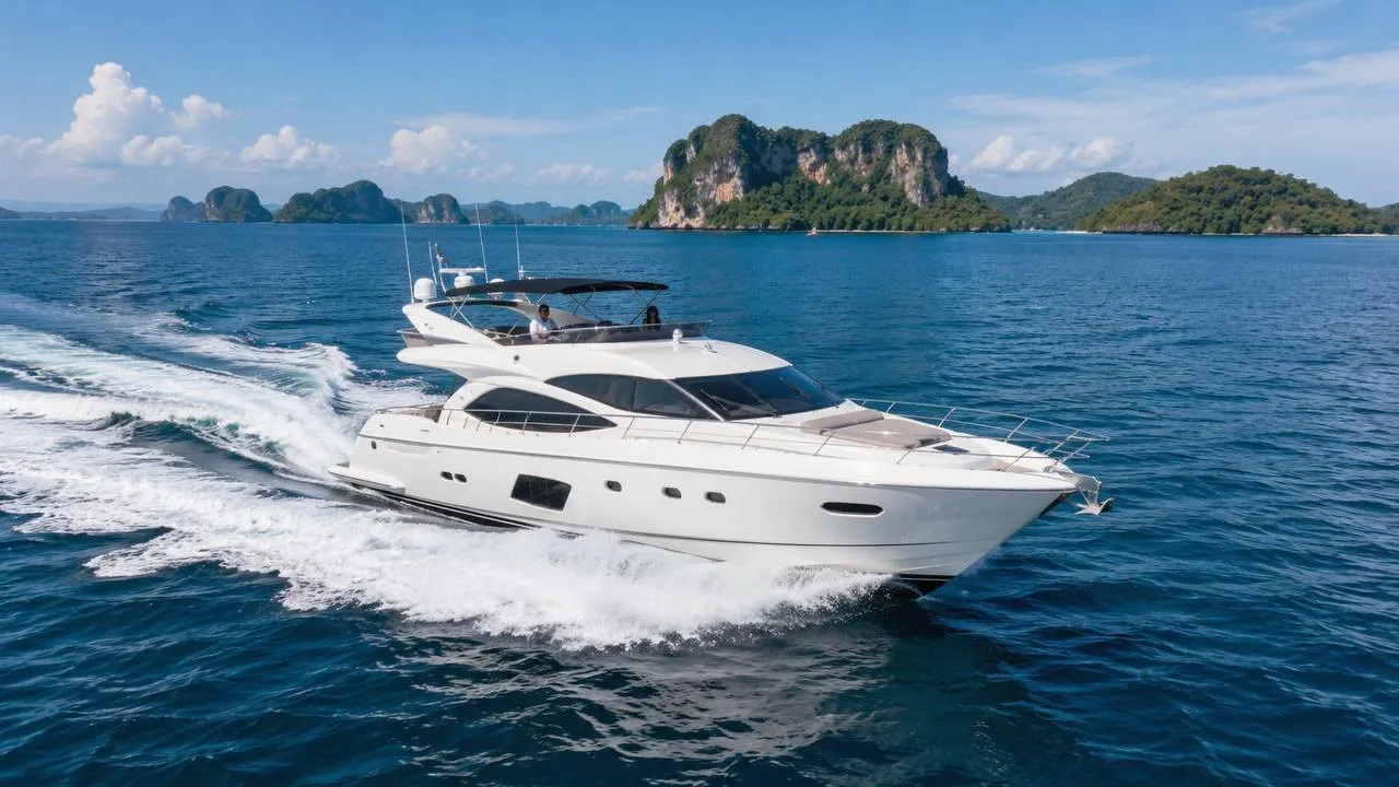 Motor yacht cruising at speed past the limestone islands of Phang Nga Bay