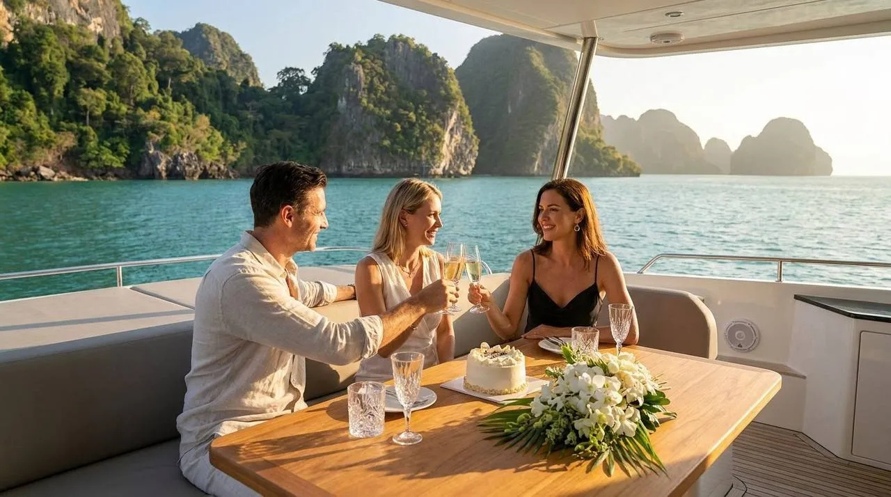 Celebration table with cake and flowers set up on a private yacht in Phang Nga Bay