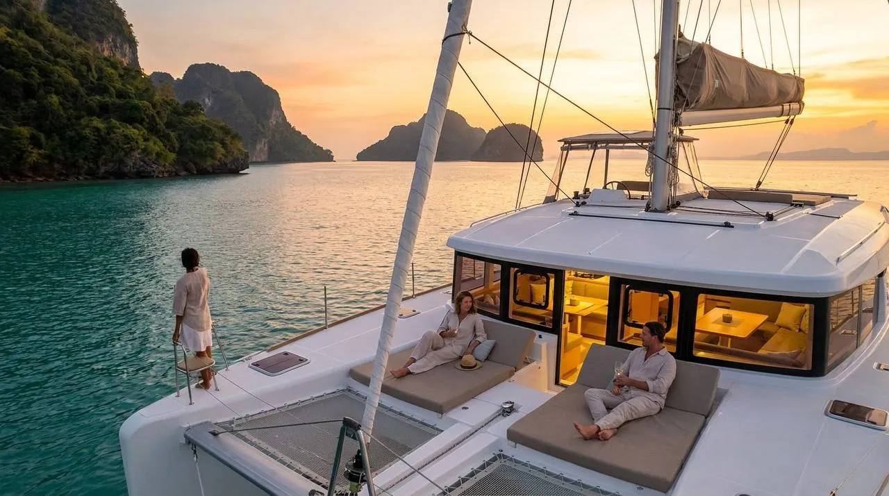 Catamaran at anchor in the evening with cabin lights on, overnight charter in Phang Nga Bay
