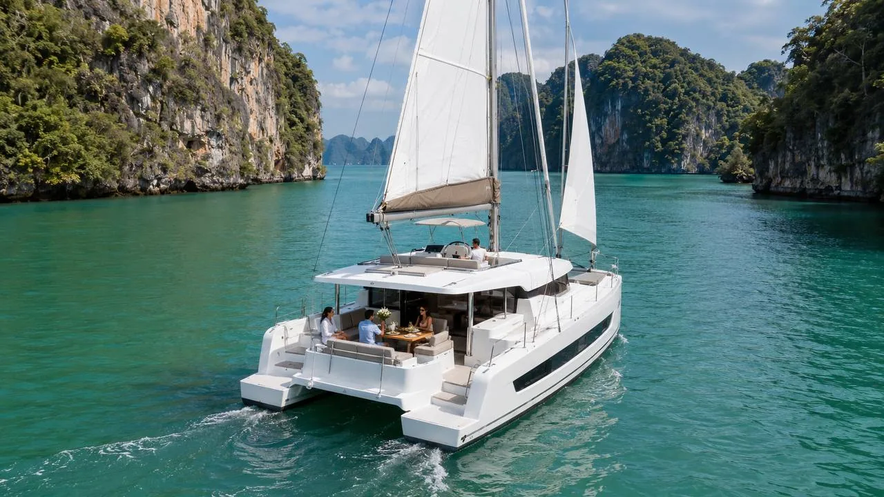Bali Catspace Siva sailing between limestone cliffs in Phang Nga Bay near Phuket