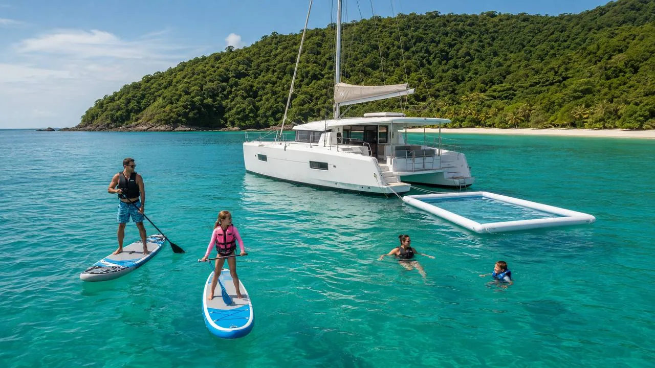 Family paddleboarding and swimming beside a catamaran with an inflatable sea pool off Phuket