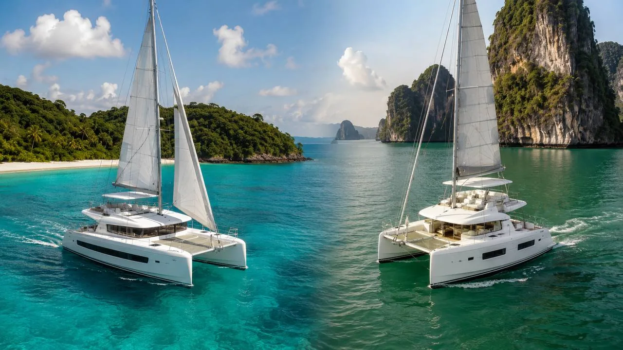 Lagoon 42 Silver Moon on clear southern water and Bali Catspace Siva among the cliffs of Phang Nga Bay
