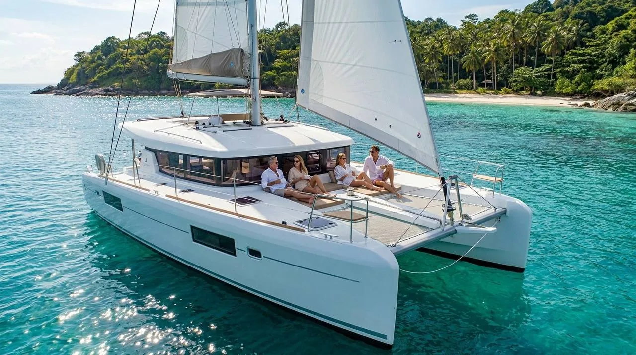 Lagoon 42 Silver Moon anchored in clear turquoise water off a palm-lined Phuket beach