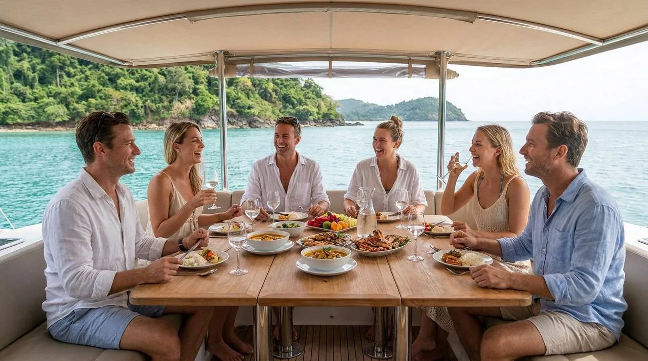 Group of guests sharing lunch at the table in a catamaran cockpit off Phuket