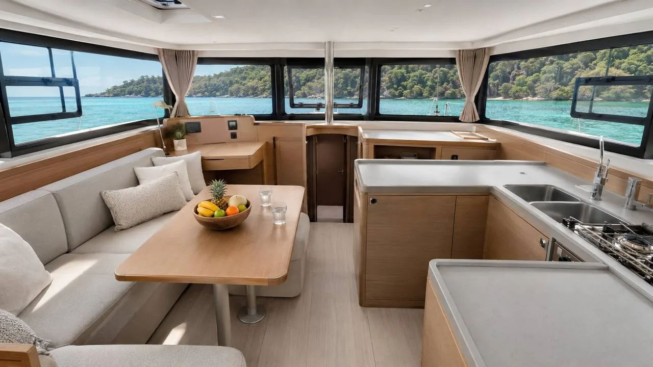 Open-plan catamaran saloon with dining table, galley and wide views of the Andaman Sea