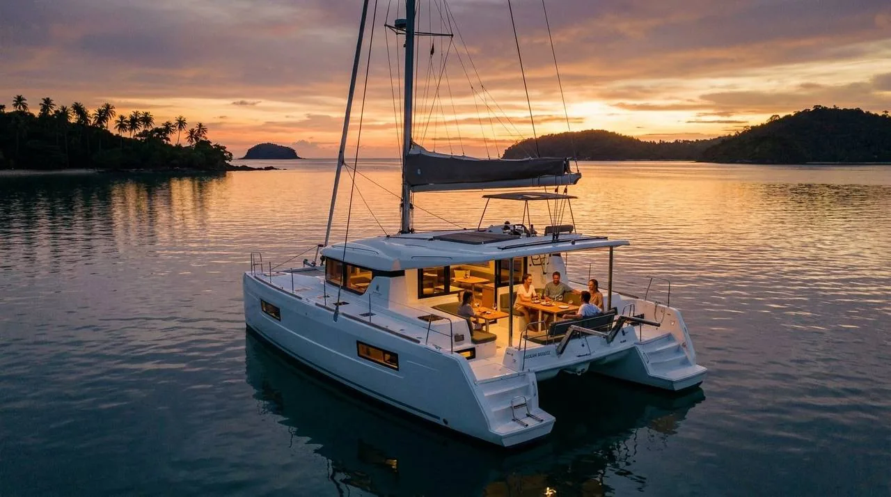 Guests dining in the cockpit of a catamaran at anchor during a Phuket sunset