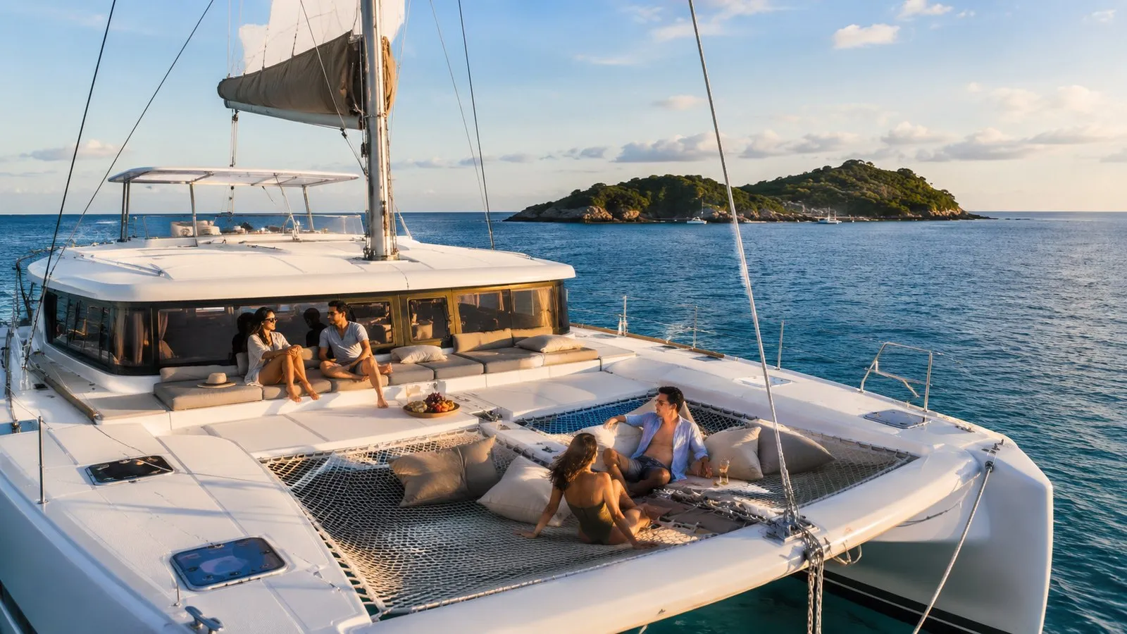 Guests relaxing on the bow nets of a catamaran at sunset after a snorkeling day near Phuket