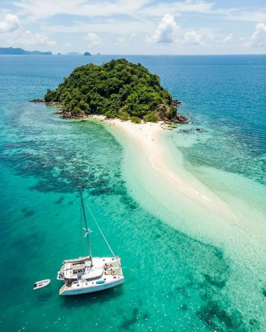 Catamaran anchored by a white sand island in the Andaman Sea