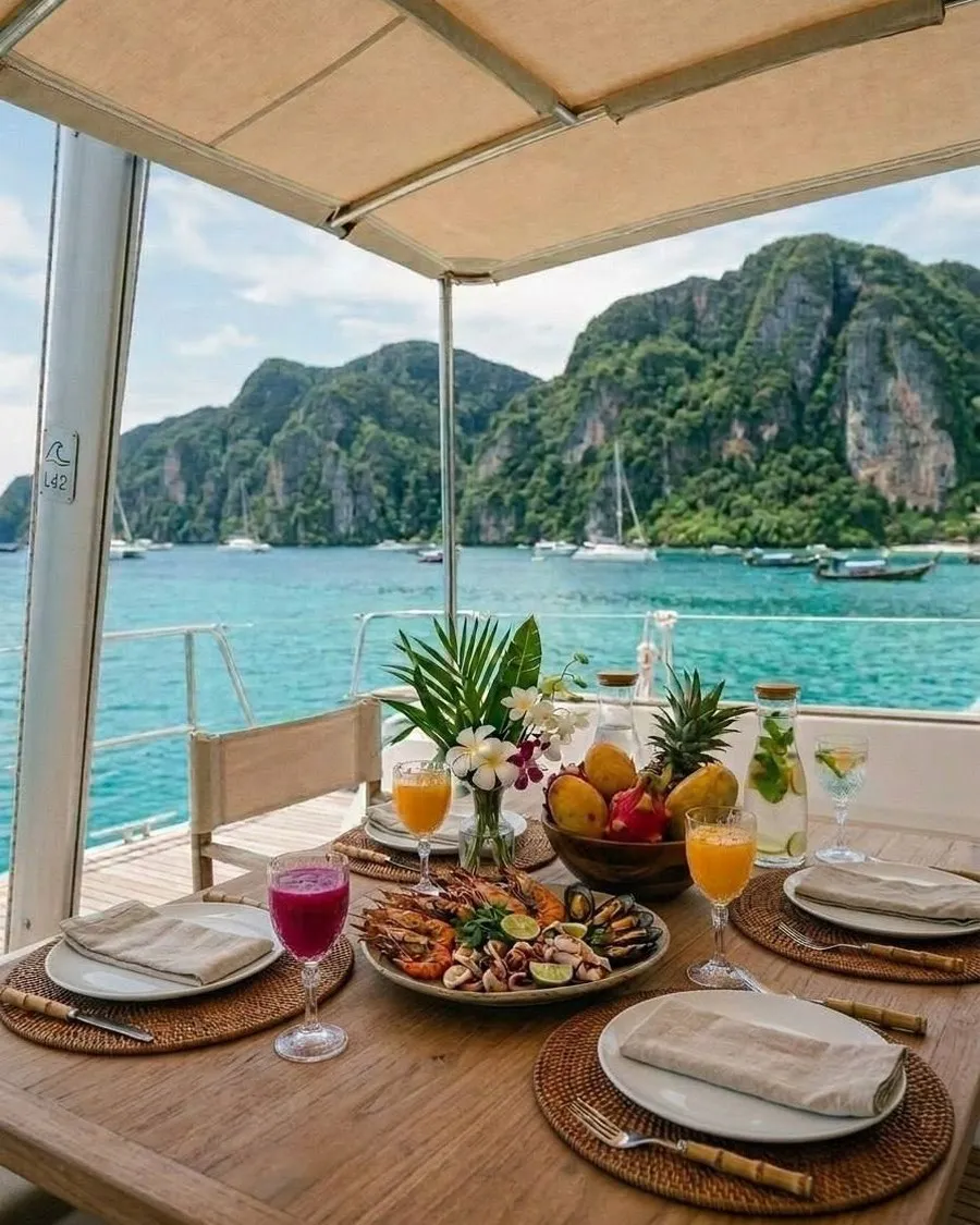 Seafood lunch served on board with an island view